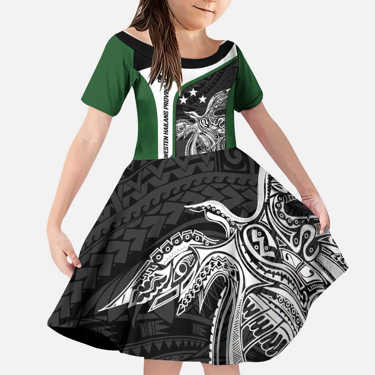 Personalised PNG Western Highlands Province Kid Short Sleeve Dress Bird of Paradise Tattoo Flag Motif - Polynesian Pride