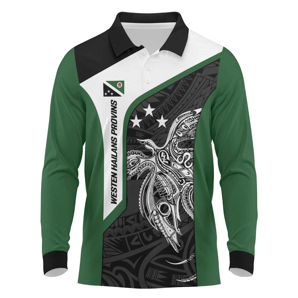 Personalised PNG Western Highlands Province Long Sleeve Polo Shirt Bird of Paradise Tattoo Flag Motif LT9 Green - Polynesian Pride