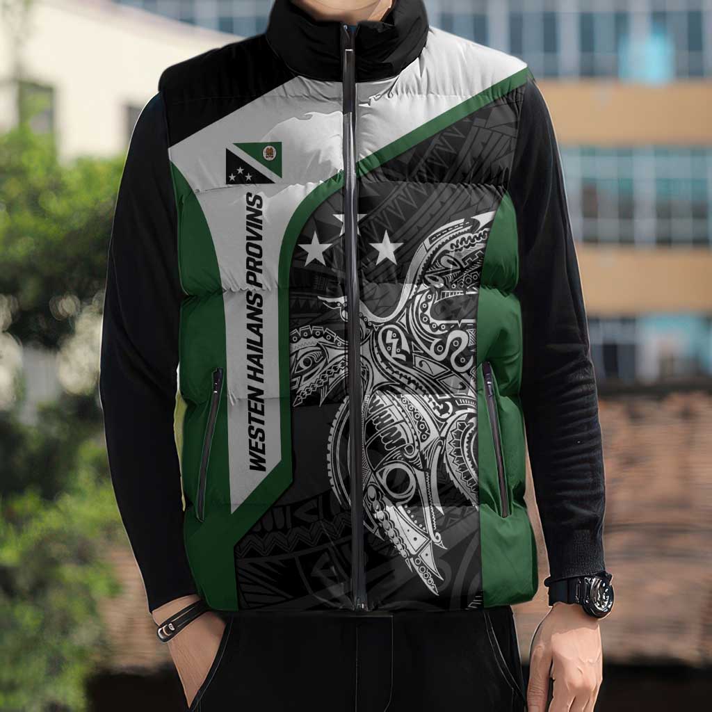 Personalised PNG Western Highlands Province Sleeveless Puffer Jacket Bird of Paradise Tattoo Flag Motif - Polynesian Pride