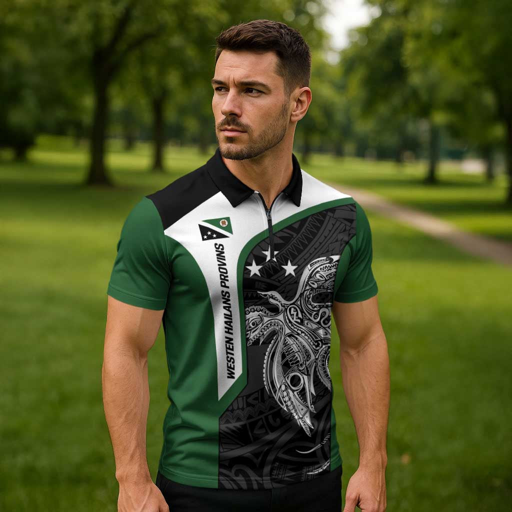 Personalised PNG Western Highlands Province Zipper Polo Shirt Bird of Paradise Tattoo Flag Motif - Polynesian Pride