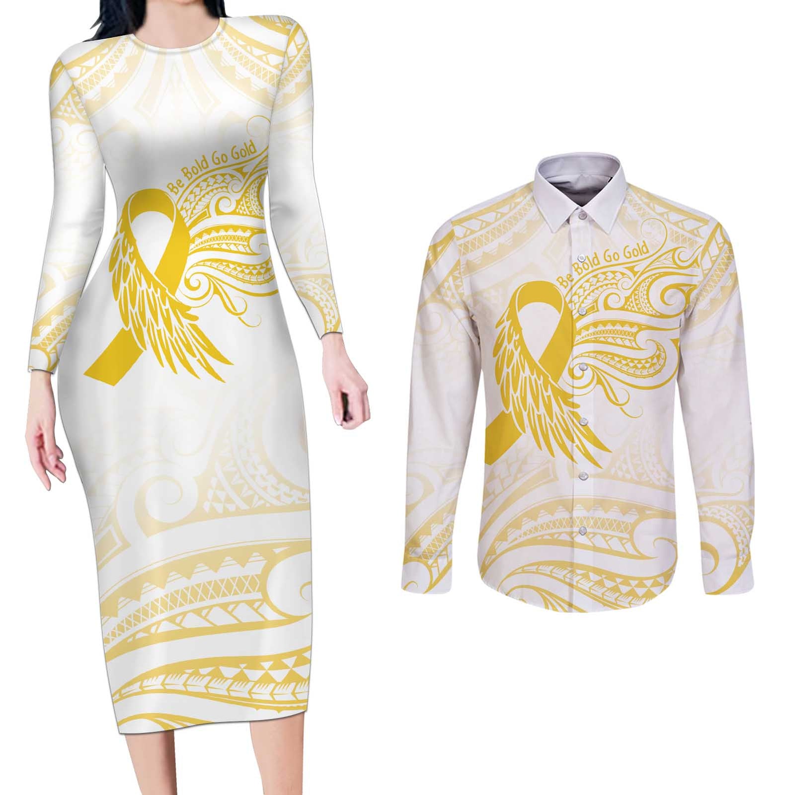 Be Bold Go Gold Polyneisan Ribbon Childhood Personalised Couples Matching Long Sleeve Bodycon Dress and Long Sleeve Button Shirt LT9 Gold - Polynesian Pride