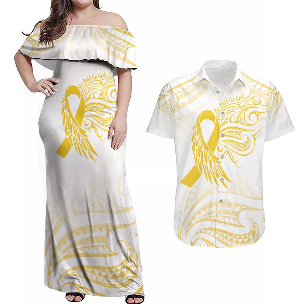 Be Bold Go Gold Polyneisan Ribbon Childhood Personalised Couples Matching Off Shoulder Maxi Dress and Hawaiian Shirt