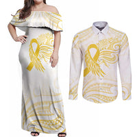 Be Bold Go Gold Polyneisan Ribbon Childhood Personalised Couples Matching Off Shoulder Maxi Dress and Long Sleeve Button Shirt LT9 Gold - Polynesian Pride