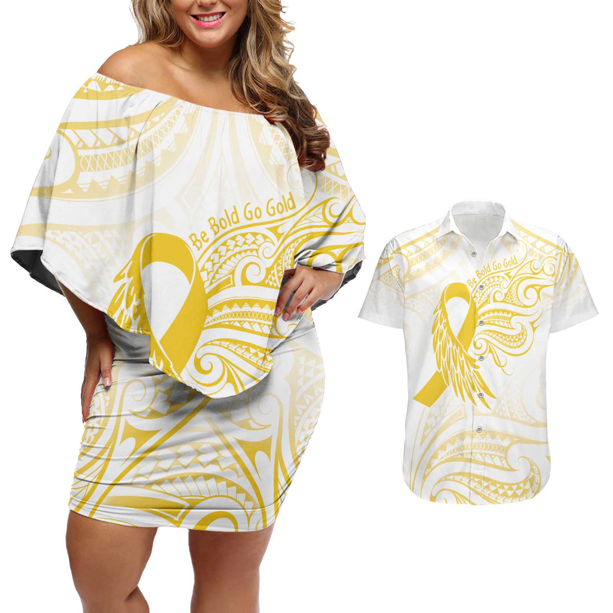 Be Bold Go Gold Polyneisan Ribbon Childhood Personalised Couples Matching Off Shoulder Short Dress and Hawaiian Shirt