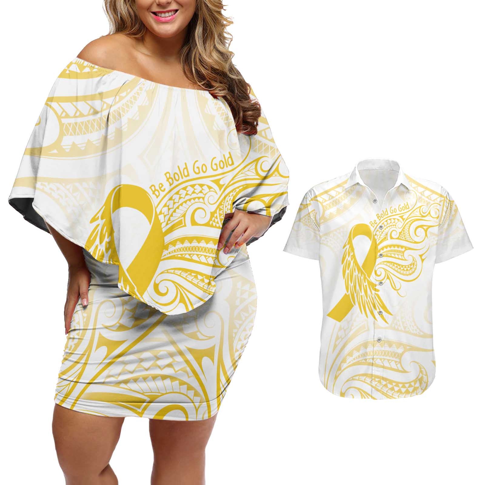 Be Bold Go Gold Polyneisan Ribbon Childhood Personalised Couples Matching Off Shoulder Short Dress and Hawaiian Shirt LT9 Gold - Polynesian Pride