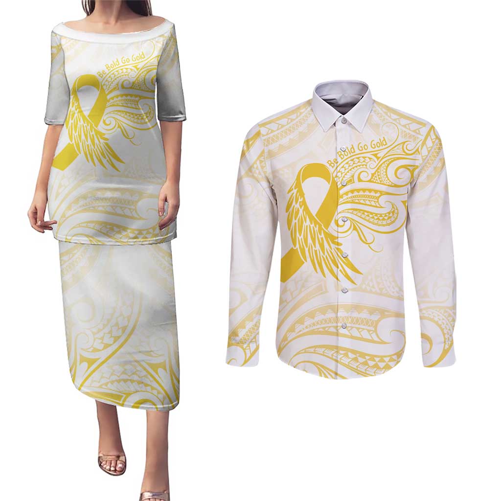 Be Bold Go Gold Polyneisan Ribbon Childhood Personalised Couples Matching Puletasi and Long Sleeve Button Shirt LT9 Gold - Polynesian Pride