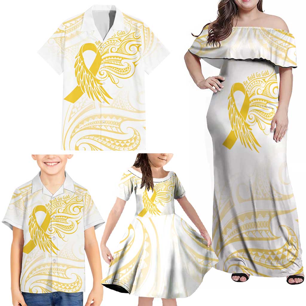 Be Bold Go Gold Polyneisan Ribbon Childhood Personalised Family Matching Off Shoulder Maxi Dress and Hawaiian Shirt