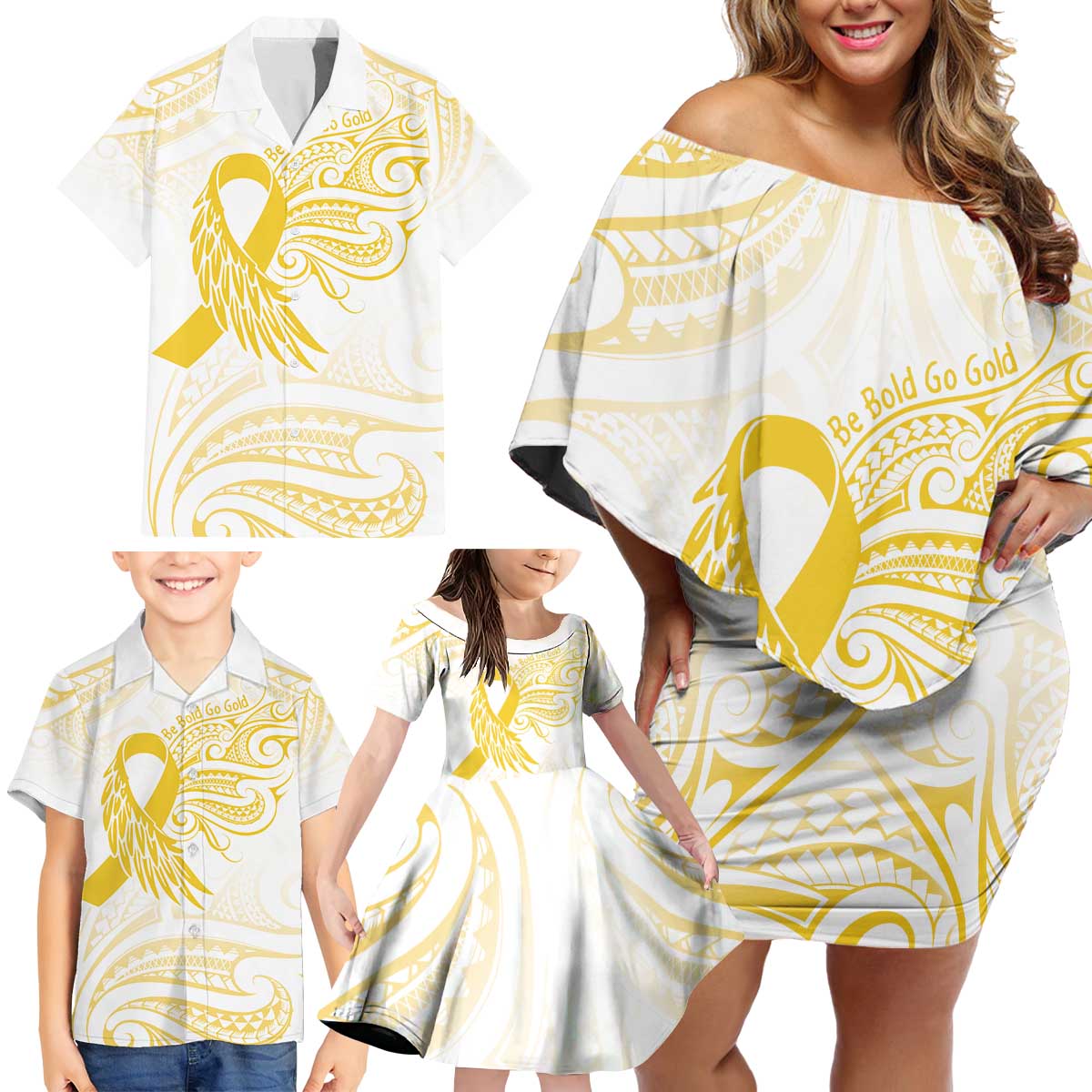 Be Bold Go Gold Polyneisan Ribbon Childhood Personalised Family Matching Off Shoulder Short Dress and Hawaiian Shirt