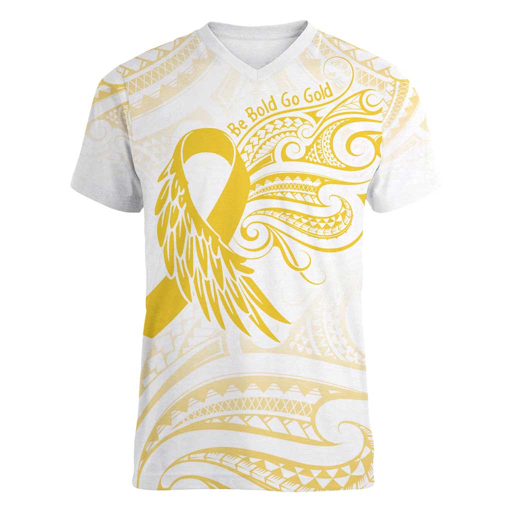 Be Bold Go Gold Polyneisan Ribbon Childhood Personalised Women V-Neck T-Shirt