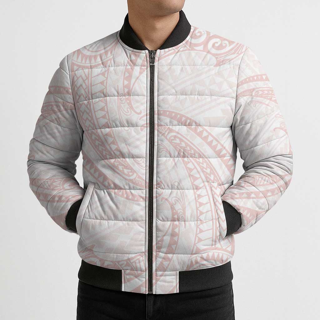 White Sunday Lotu Tamaiti Bomber Puffer Jacket Polynesian Wave Pastel Blush LT9 - Polynesian Pride