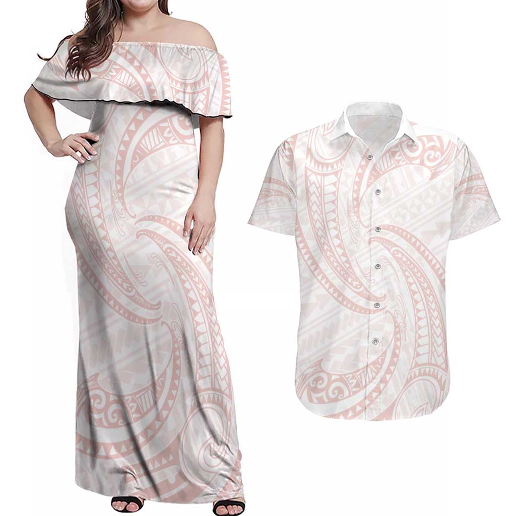 White Sunday Lotu Tamaiti Couples Matching Off Shoulder Maxi Dress and Hawaiian Shirt Polynesian Wave Pastel Blush LT9 Blush - Polynesian Pride