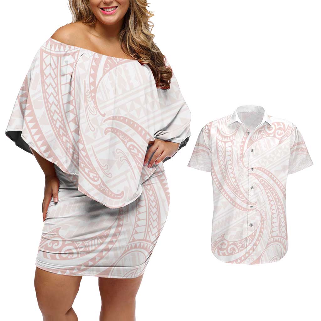 White Sunday Lotu Tamaiti Couples Matching Off Shoulder Short Dress and Hawaiian Shirt Polynesian Wave Pastel Blush LT9 Blush - Polynesian Pride