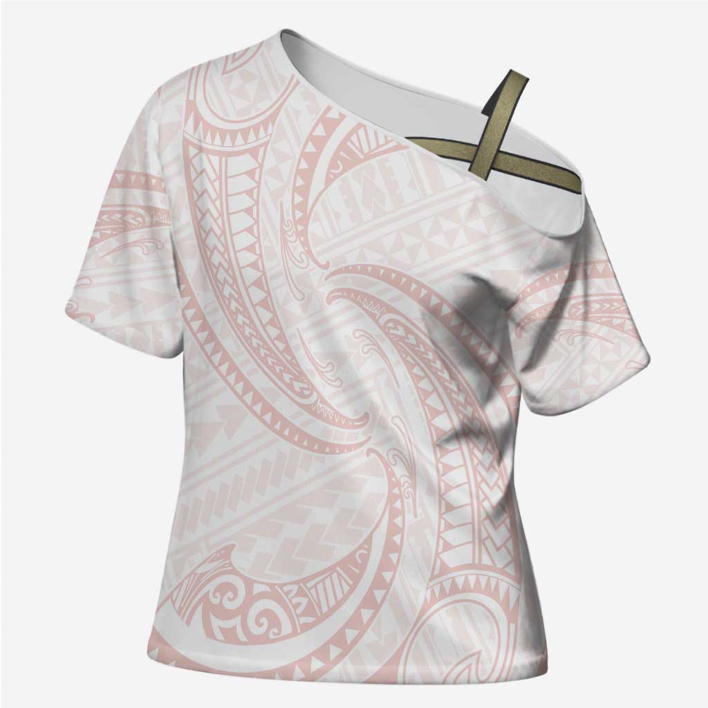 White Sunday Lotu Tamaiti Cross Shoulder Shirt Polynesian Wave Pastel Blush LT9 Female Blush - Polynesian Pride