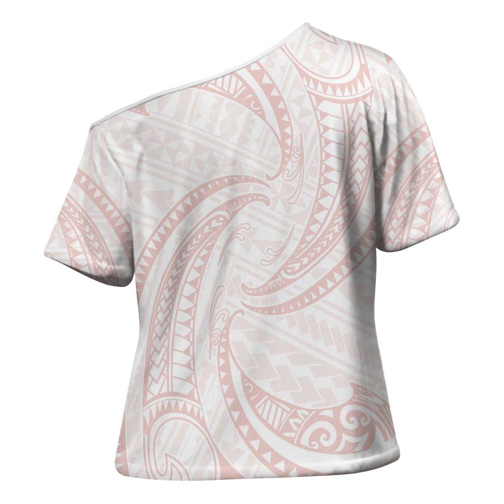 White Sunday Lotu Tamaiti Cross Shoulder Shirt Polynesian Wave Pastel Blush LT9 - Polynesian Pride