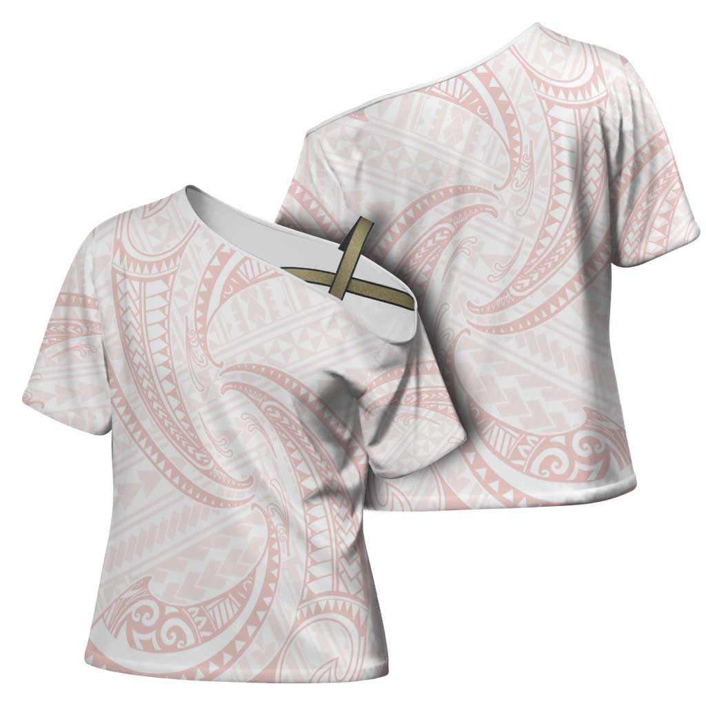 White Sunday Lotu Tamaiti Cross Shoulder Shirt Polynesian Wave Pastel Blush LT9 - Polynesian Pride