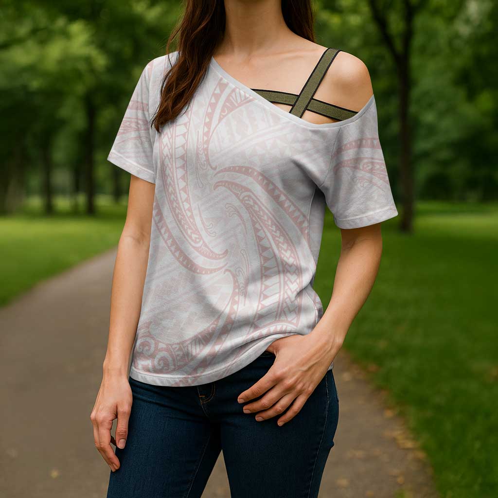 White Sunday Lotu Tamaiti Cross Shoulder Shirt Polynesian Wave Pastel Blush LT9 - Polynesian Pride