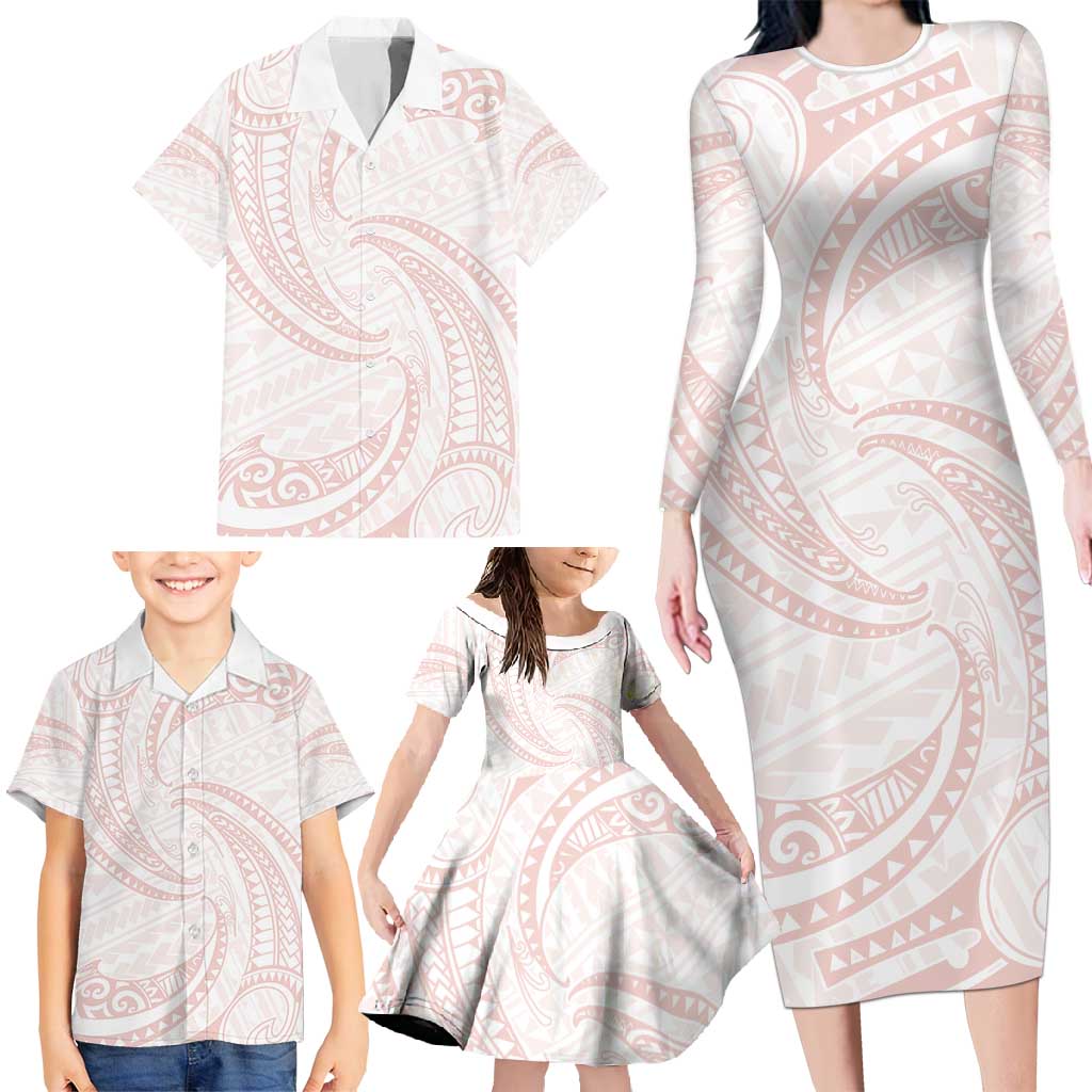 White Sunday Lotu Tamaiti Family Matching Long Sleeve Bodycon Dress and Hawaiian Shirt Polynesian Wave Pastel Blush LT9 - Polynesian Pride