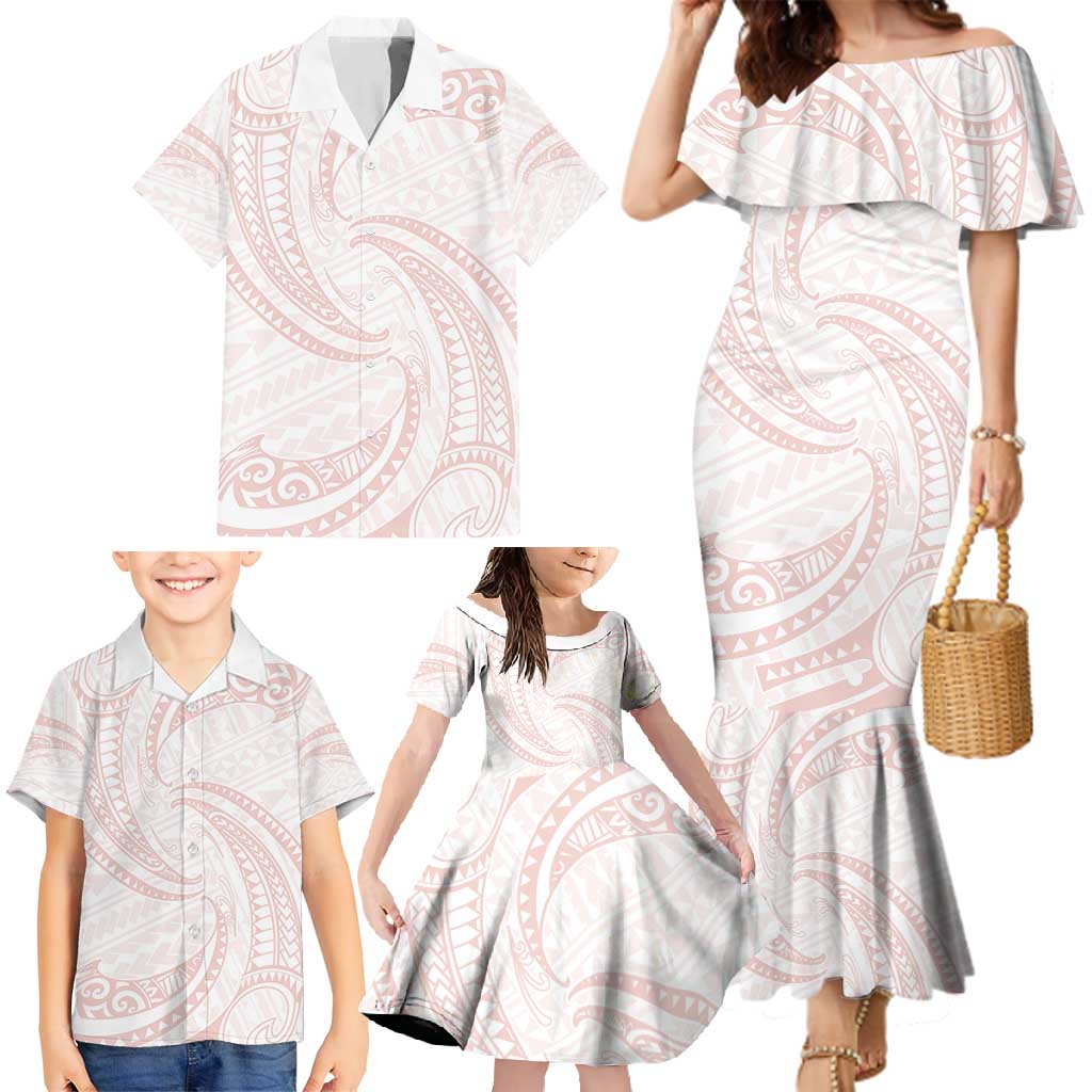 White Sunday Lotu Tamaiti Family Matching Mermaid Dress and Hawaiian Shirt Polynesian Wave Pastel Blush LT9 - Polynesian Pride
