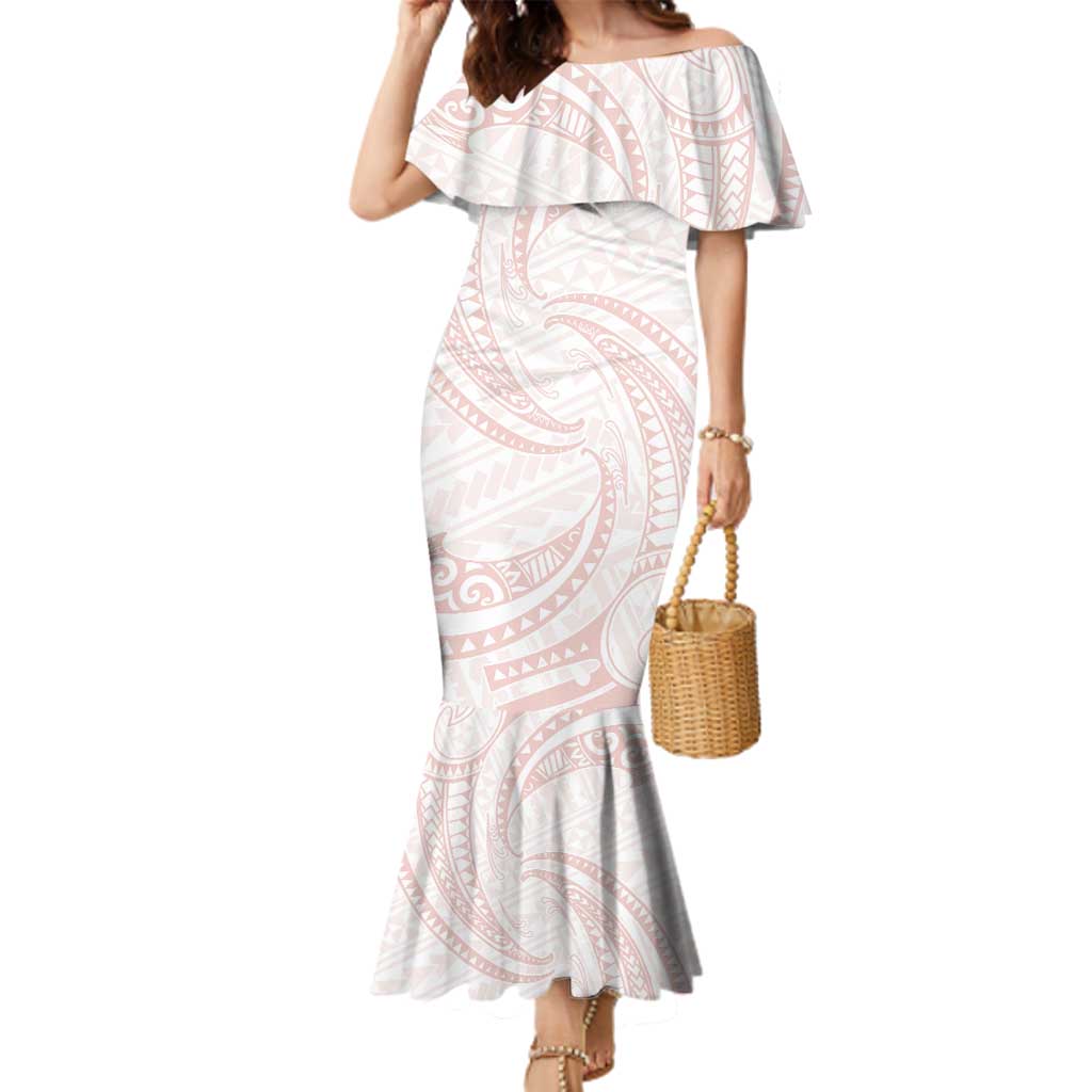 White Sunday Lotu Tamaiti Family Matching Mermaid Dress and Hawaiian Shirt Polynesian Wave Pastel Blush - Polynesian Pride