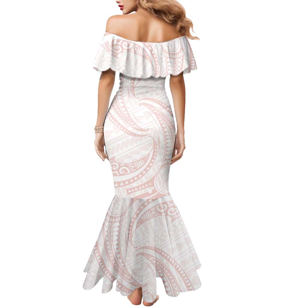 White Sunday Lotu Tamaiti Family Matching Mermaid Dress and Hawaiian Shirt Polynesian Wave Pastel Blush - Polynesian Pride