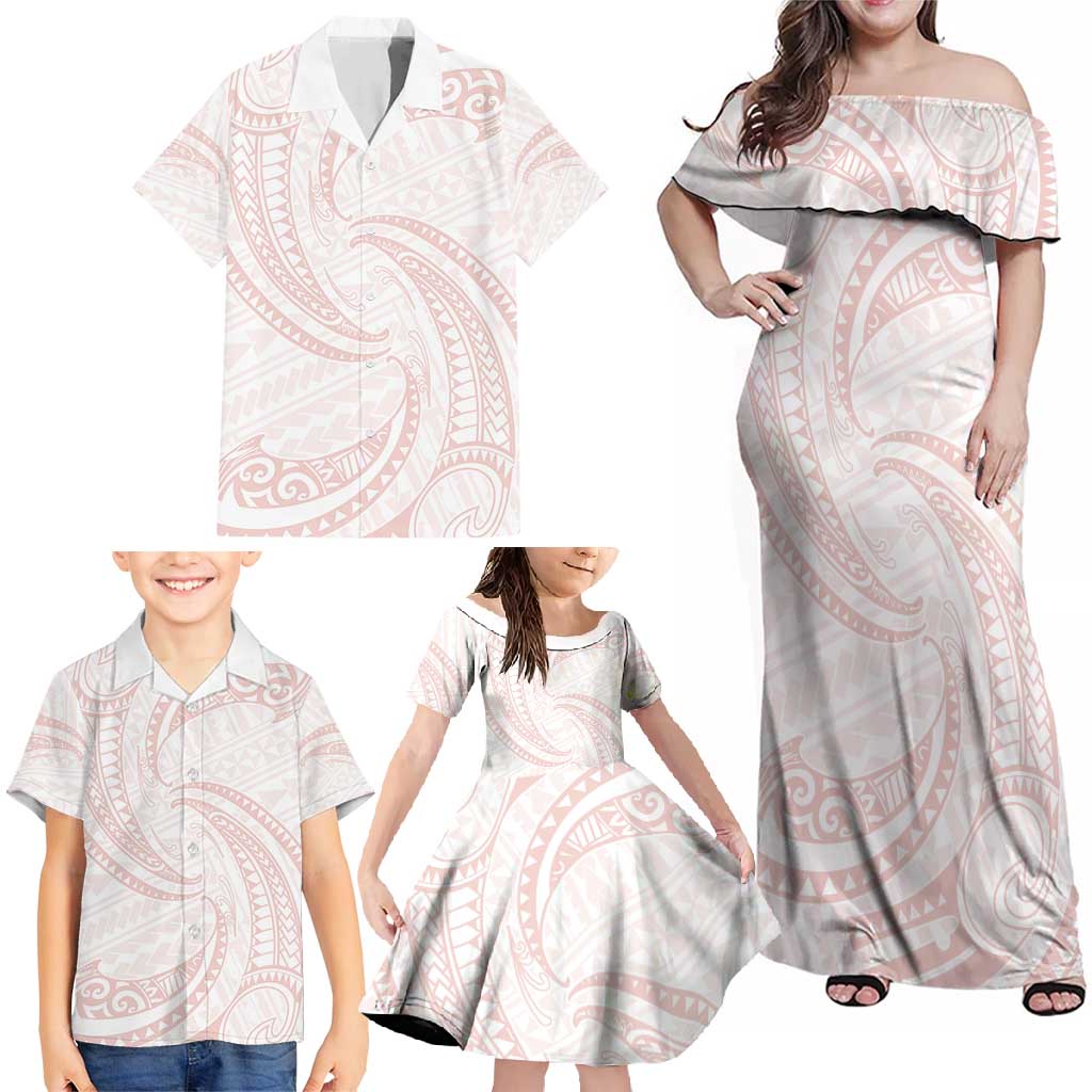 White Sunday Lotu Tamaiti Family Matching Off Shoulder Maxi Dress and Hawaiian Shirt Polynesian Wave Pastel Blush LT9 - Polynesian Pride