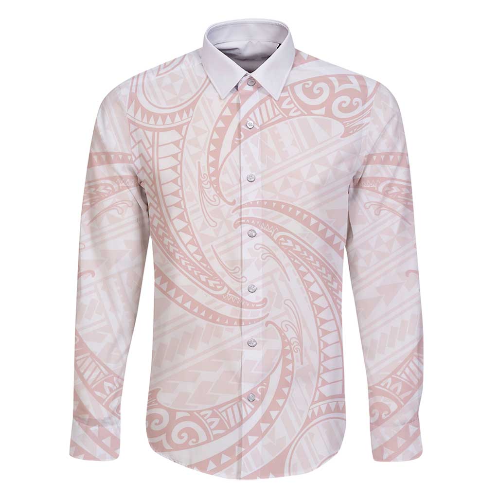 White Sunday Lotu Tamaiti Family Matching Off Shoulder Maxi Dress and Hawaiian Shirt Polynesian Wave Pastel Blush LT9 Dad's Shirt - Long Sleeve Blush - Polynesian Pride