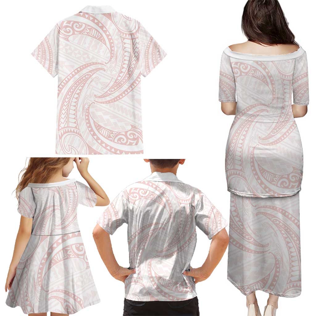White Sunday Lotu Tamaiti Family Matching Puletasi and Hawaiian Shirt Polynesian Wave Pastel Blush - Polynesian Pride