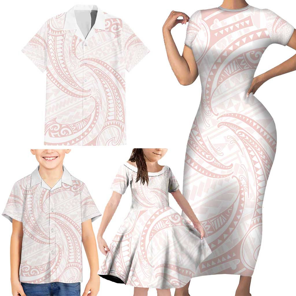 White Sunday Lotu Tamaiti Family Matching Short Sleeve Bodycon Dress and Hawaiian Shirt Polynesian Wave Pastel Blush LT9 - Polynesian Pride