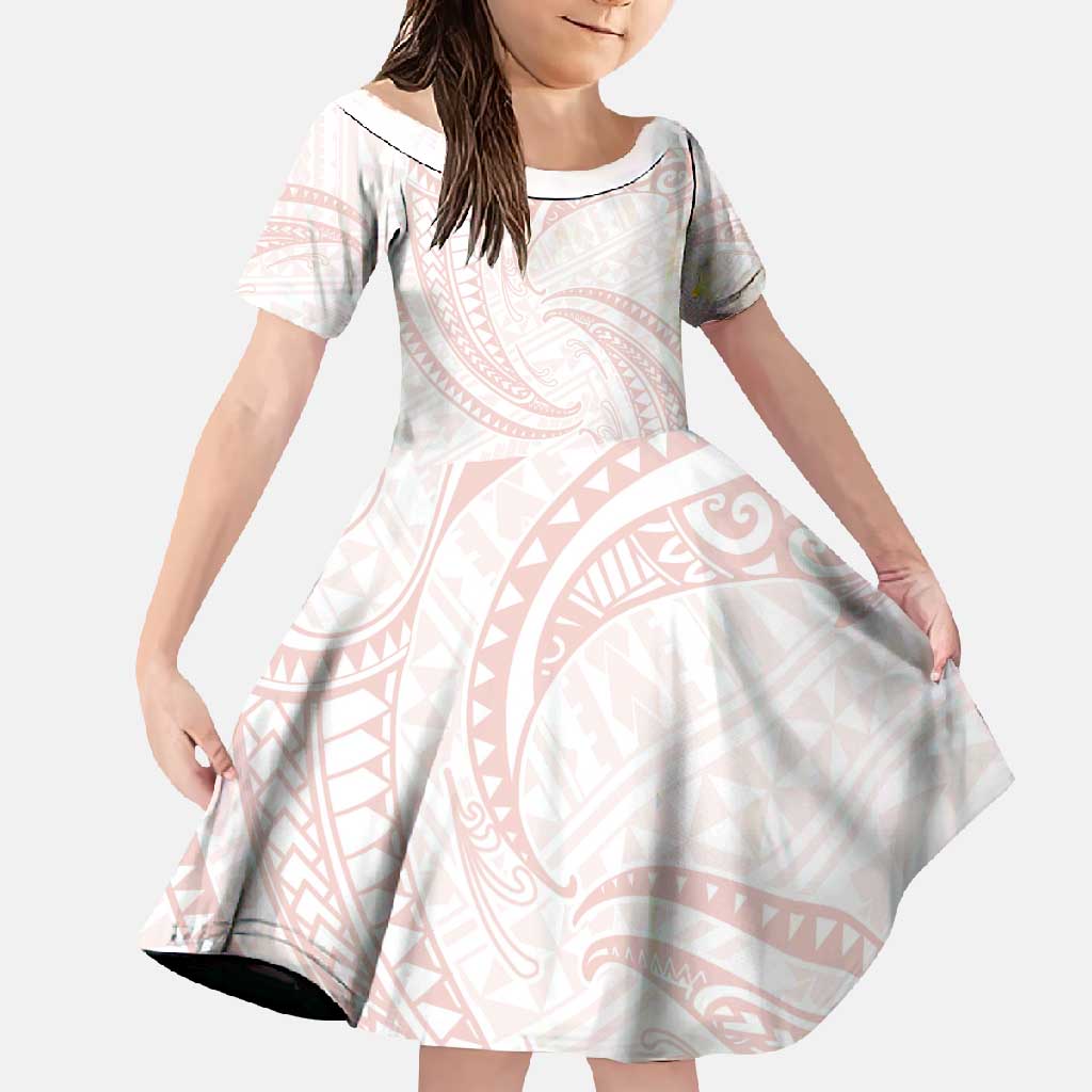 White Sunday Lotu Tamaiti Family Matching Summer Maxi Dress and Hawaiian Shirt Polynesian Wave Pastel Blush - Polynesian Pride