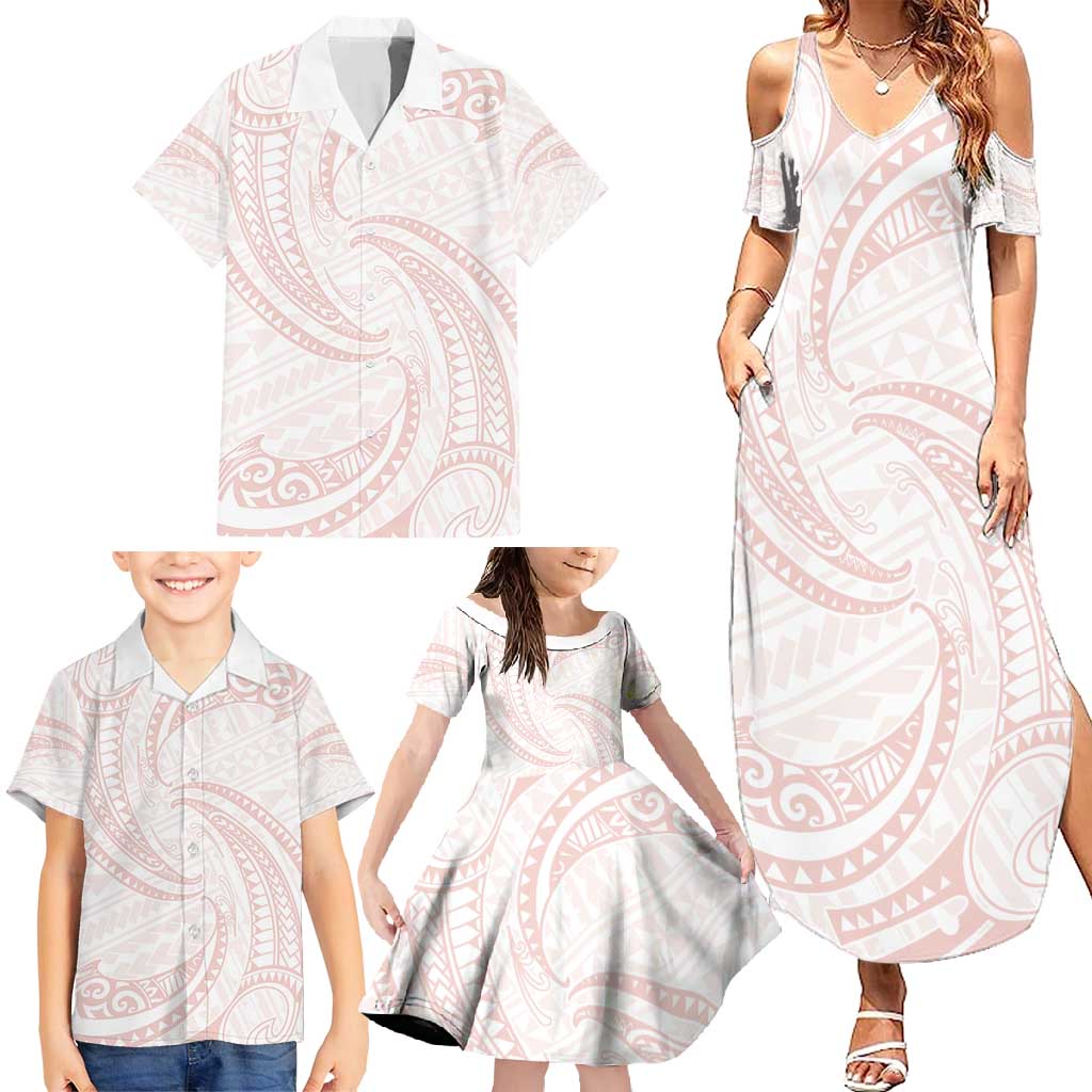 White Sunday Lotu Tamaiti Family Matching Summer Maxi Dress and Hawaiian Shirt Polynesian Wave Pastel Blush LT9 - Polynesian Pride
