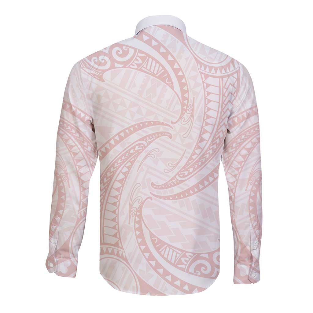 White Sunday Lotu Tamaiti Long Sleeve Button Shirt Polynesian Wave Pastel Blush LT9 - Polynesian Pride