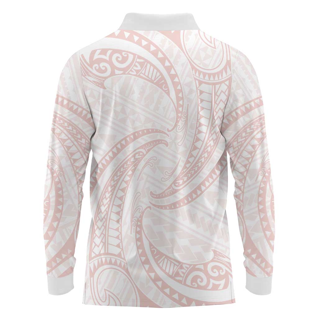 White Sunday Lotu Tamaiti Long Sleeve Polo Shirt Polynesian Wave Pastel Blush LT9 - Polynesian Pride