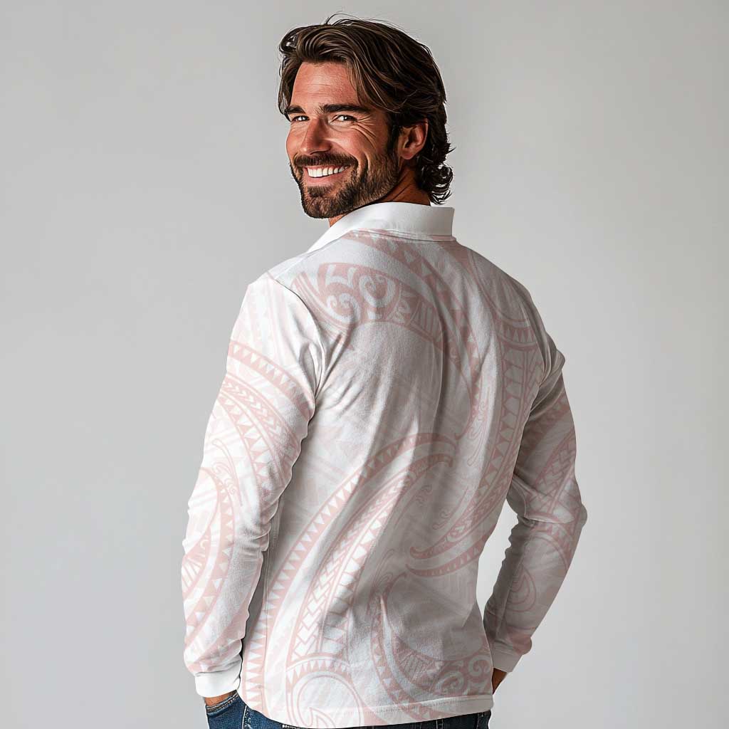 White Sunday Lotu Tamaiti Long Sleeve Polo Shirt Polynesian Wave Pastel Blush LT9 - Polynesian Pride