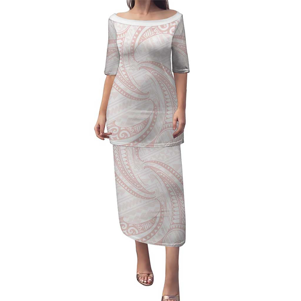 White Sunday Lotu Tamaiti Puletasi Polynesian Wave Pastel Blush - Polynesian Pride