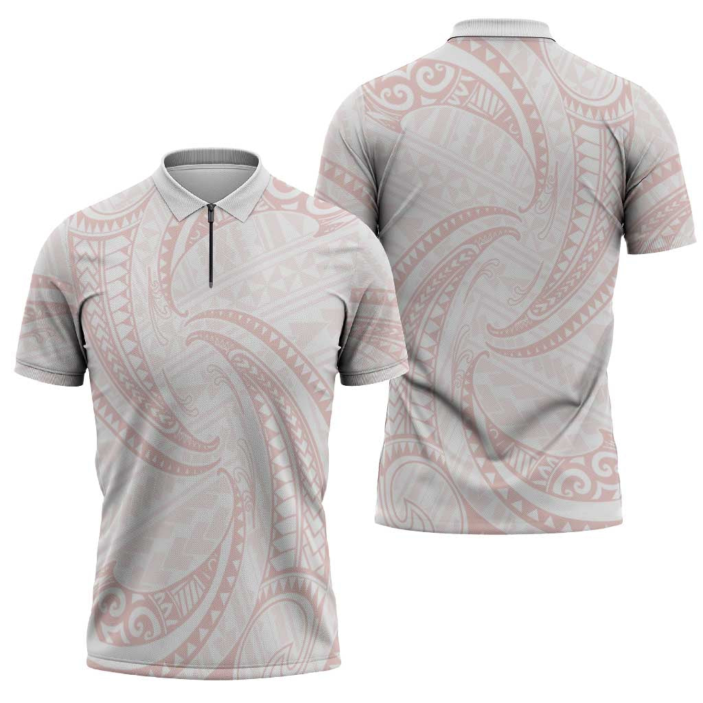 White Sunday Lotu Tamaiti Zipper Polo Shirt Polynesian Wave Pastel Blush LT9 - Polynesian Pride