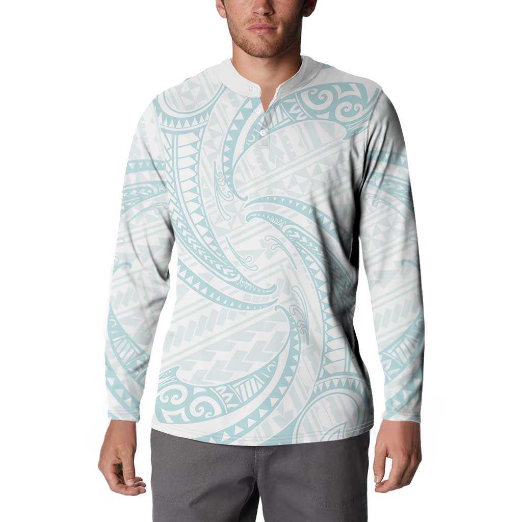White Sunday Lotu Tamaiti Button Sweatshirt Polynesian Wave Pastel Cyan LT9 - Polynesian Pride