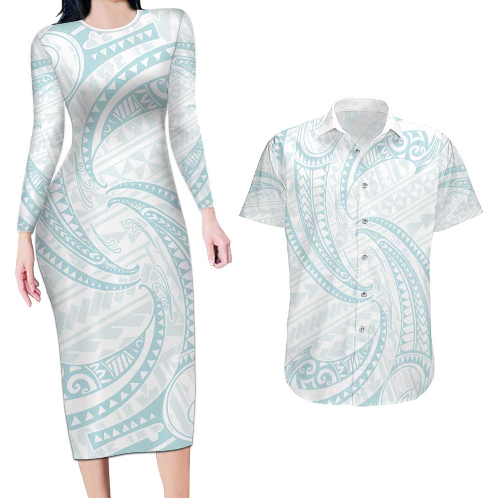 White Sunday Lotu Tamaiti Couples Matching Long Sleeve Bodycon Dress and Hawaiian Shirt Polynesian Wave Pastel Cyan LT9 Cyan - Polynesian Pride