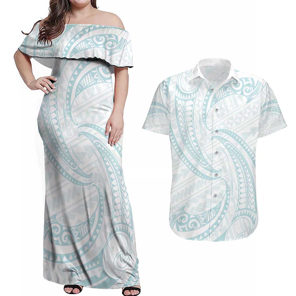 White Sunday Lotu Tamaiti Couples Matching Off Shoulder Maxi Dress and Hawaiian Shirt Polynesian Wave Pastel Cyan LT9 Cyan - Polynesian Pride