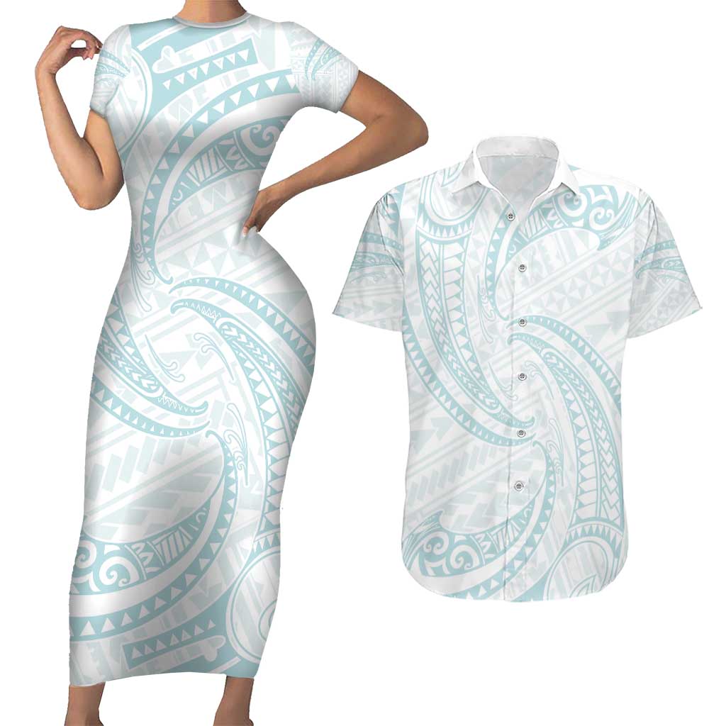 White Sunday Lotu Tamaiti Couples Matching Short Sleeve Bodycon Dress and Hawaiian Shirt Polynesian Wave Pastel Cyan LT9 Cyan - Polynesian Pride