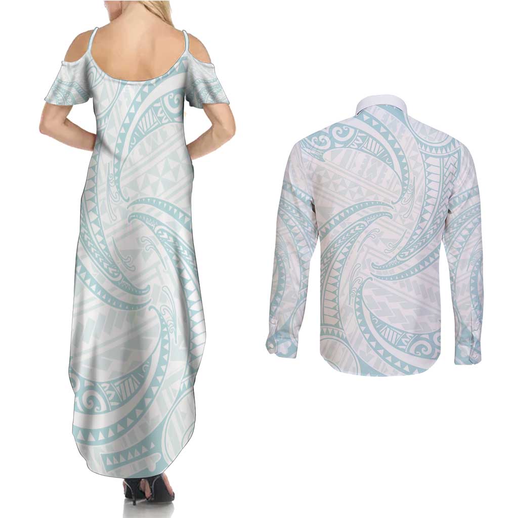 White Sunday Lotu Tamaiti Couples Matching Summer Maxi Dress and Long Sleeve Button Shirt Polynesian Wave Pastel Cyan LT9 - Polynesian Pride