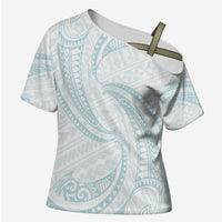 White Sunday Lotu Tamaiti Cross Shoulder Shirt Polynesian Wave Pastel Cyan - Polynesian Pride