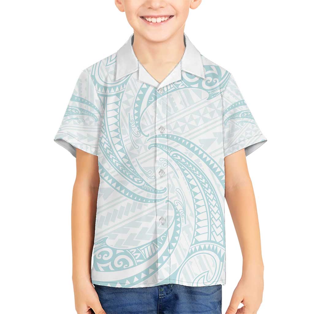 White Sunday Lotu Tamaiti Family Matching Long Sleeve Bodycon Dress and Hawaiian Shirt Polynesian Wave Pastel Cyan - Polynesian Pride