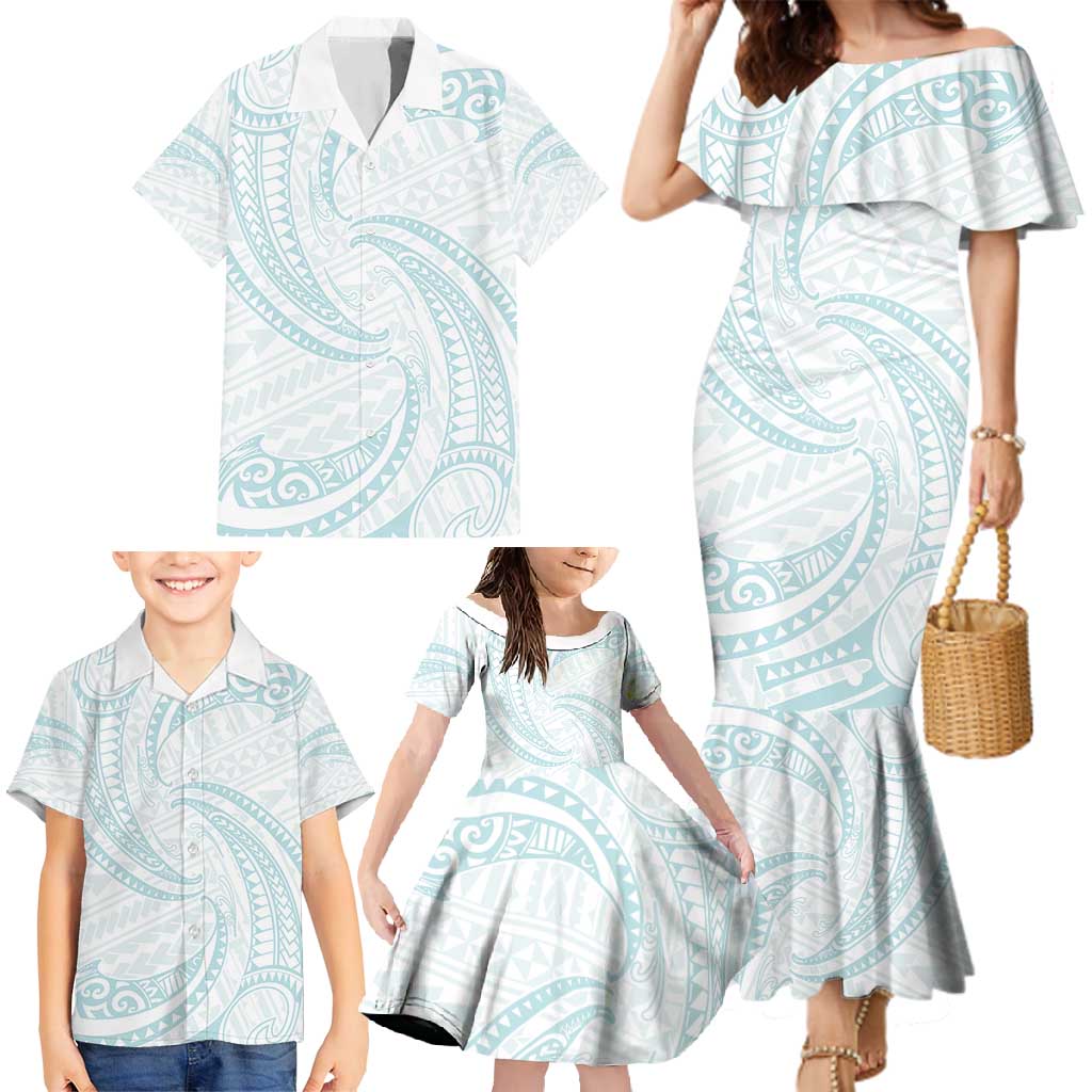 White Sunday Lotu Tamaiti Family Matching Mermaid Dress and Hawaiian Shirt Polynesian Wave Pastel Cyan LT9 - Polynesian Pride