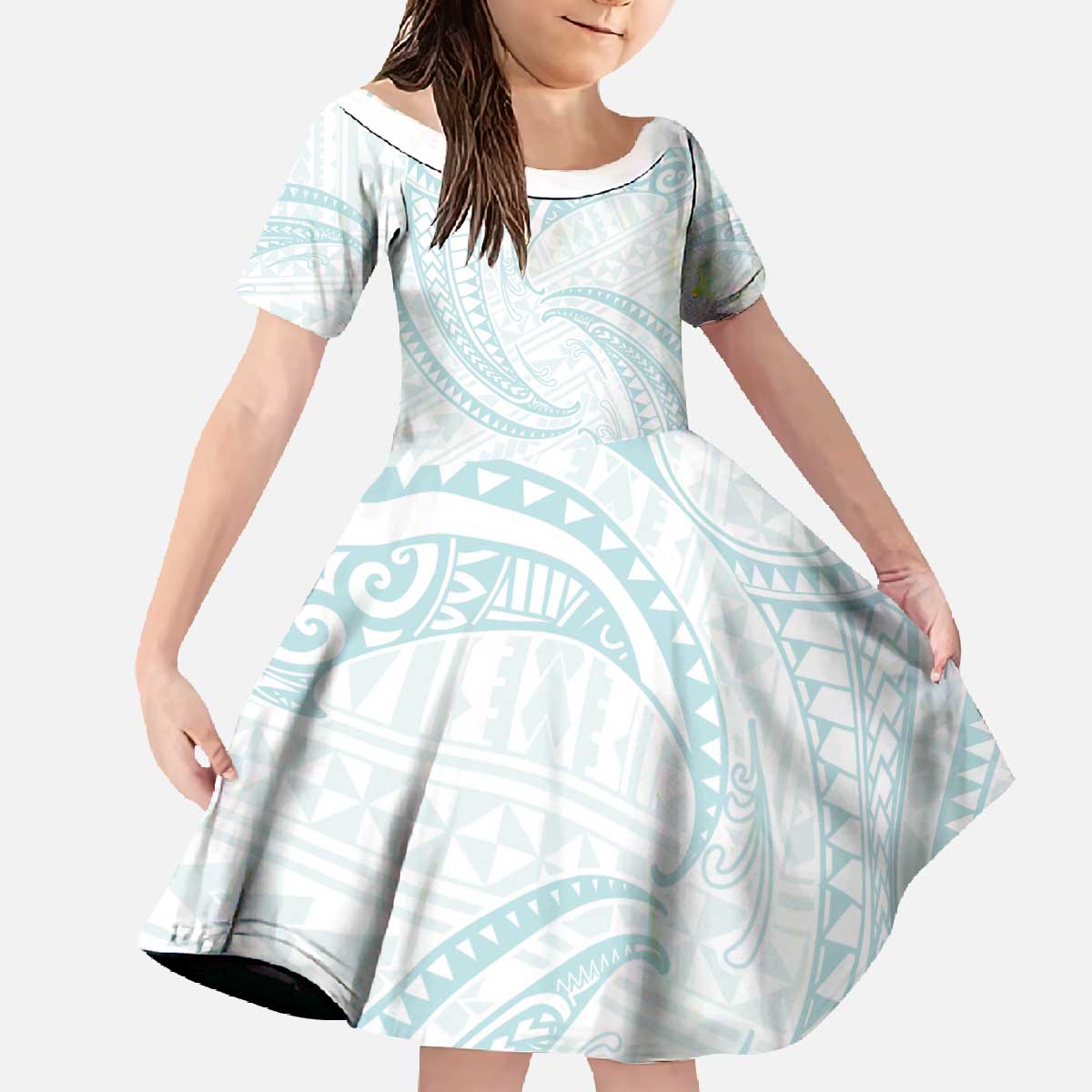 White Sunday Lotu Tamaiti Family Matching Off The Shoulder Long Sleeve Dress and Hawaiian Shirt Polynesian Wave Pastel Cyan - Polynesian Pride