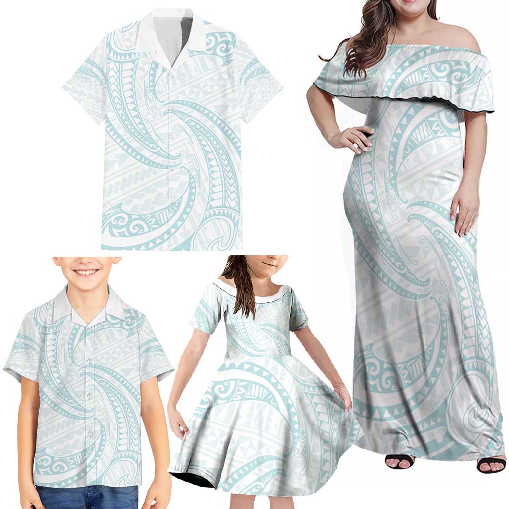 White Sunday Lotu Tamaiti Family Matching Off Shoulder Maxi Dress and Hawaiian Shirt Polynesian Wave Pastel Cyan LT9 - Polynesian Pride