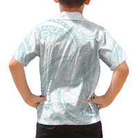 White Sunday Lotu Tamaiti Family Matching Short Sleeve Bodycon Dress and Hawaiian Shirt Polynesian Wave Pastel Cyan - Polynesian Pride