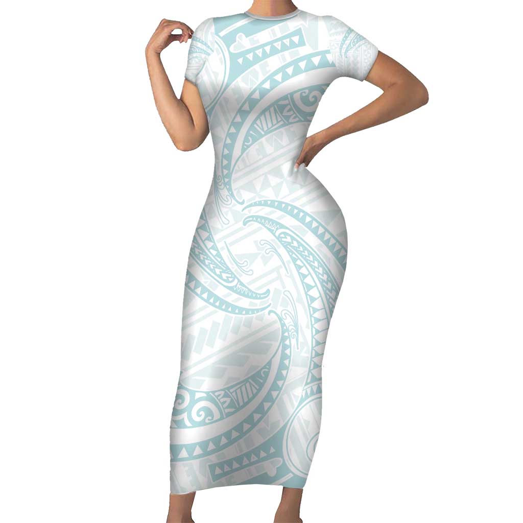 White Sunday Lotu Tamaiti Family Matching Short Sleeve Bodycon Dress and Hawaiian Shirt Polynesian Wave Pastel Cyan - Polynesian Pride
