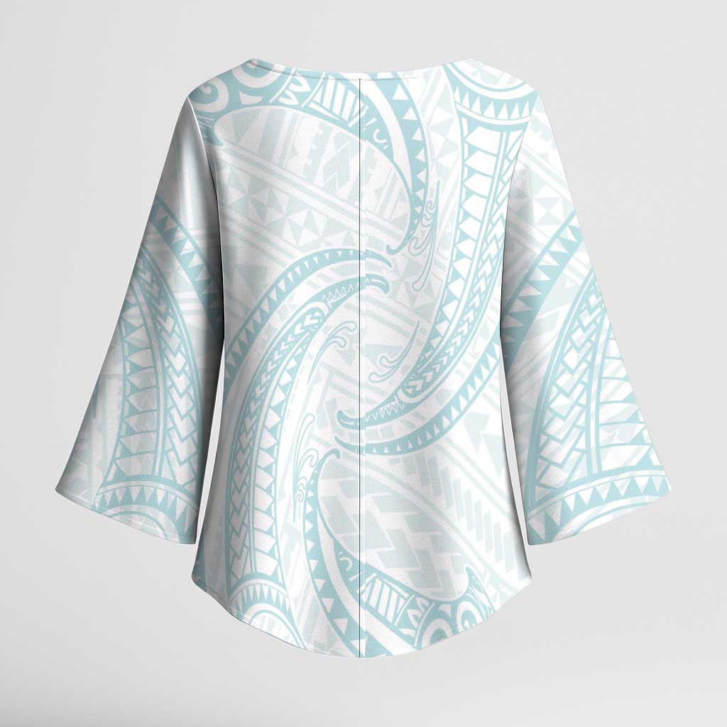 White Sunday Lotu Tamaiti Kimono Sleeve Blouse Polynesian Wave Pastel Cyan - Polynesian Pride