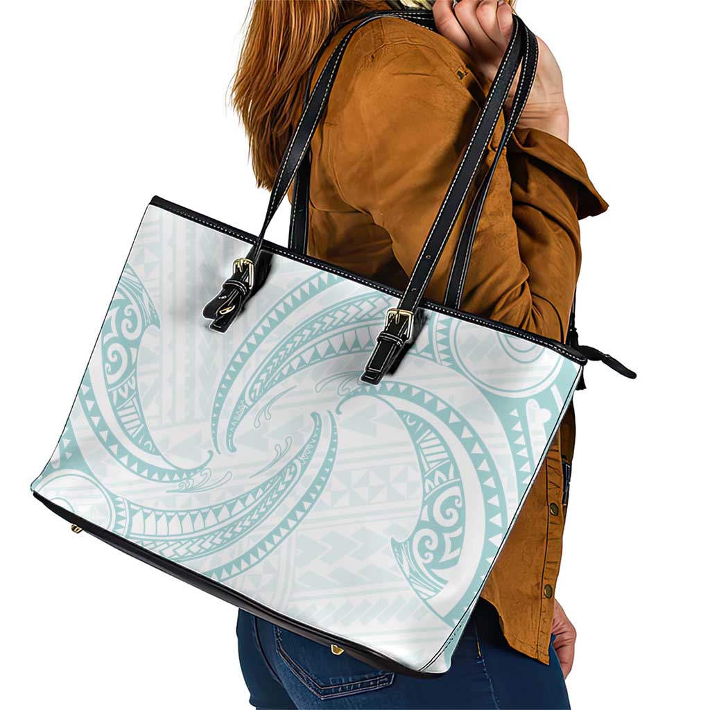 White Sunday Lotu Tamaiti Leather Tote Bag Polynesian Wave Pastel Cyan - Polynesian Pride