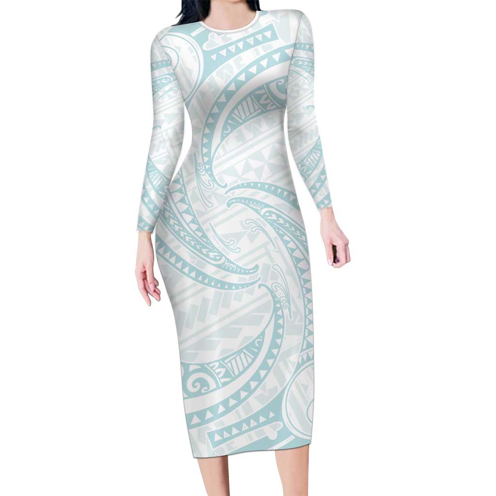 White Sunday Lotu Tamaiti Long Sleeve Bodycon Dress Polynesian Wave Pastel Cyan - Polynesian Pride